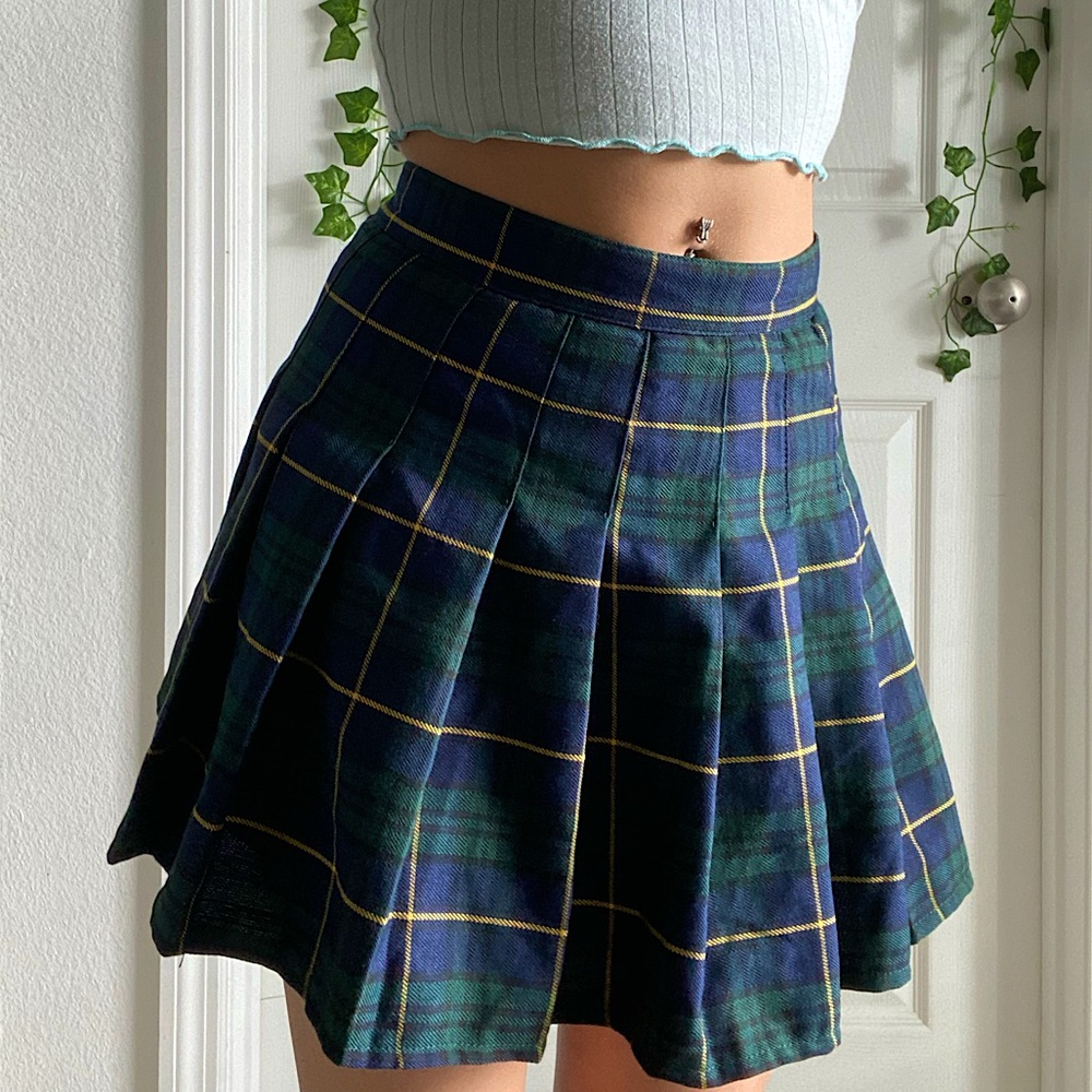 AA You AG XS Green and Blue Ravenclaw Plaid Pleated Skirt